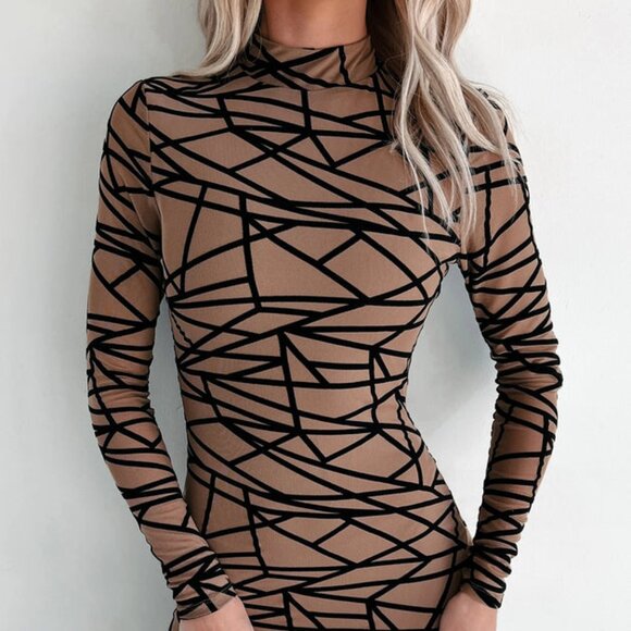 Women's Geometric Mesh Bodycon Dress (Mocha) Sexy Dress/Party Dress/Cub Dress - Picture 4 of 6
